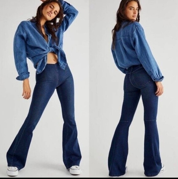 Free People Flare Penny Pull On Denim Jeans Blue Size 30 - Picture 2 of 12